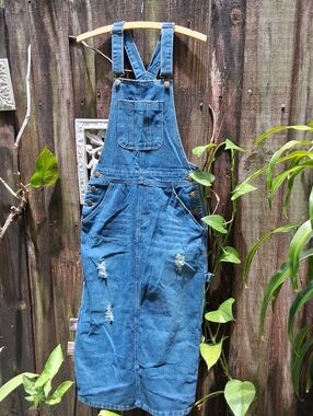 Casual Blue Denim Overall Dress with Front Pocket